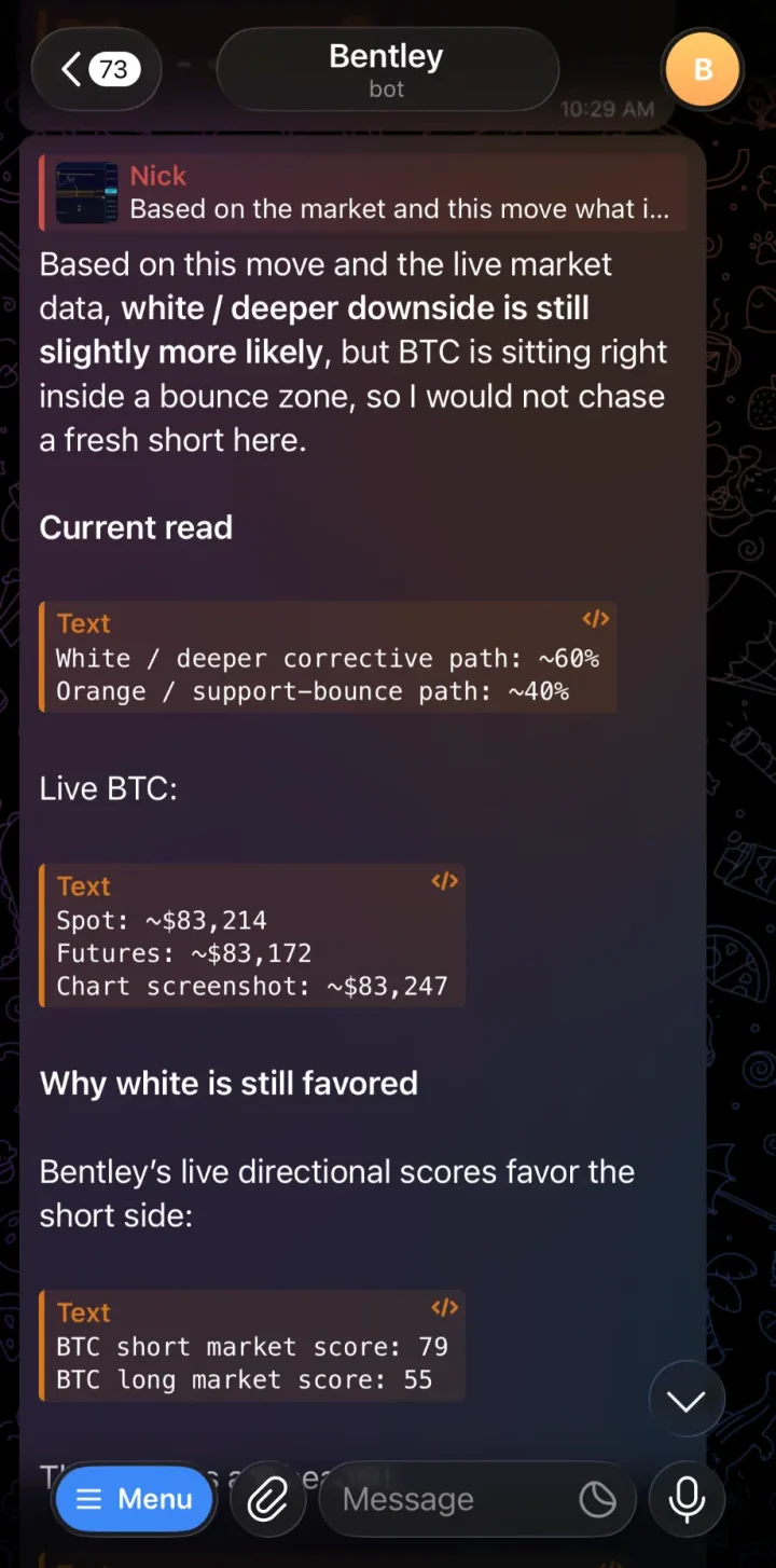 A Telegram chat with the Bentley bot: a chart is sent with a question about the move, and Bentley replies with its current read, live BTC prices and its market scores